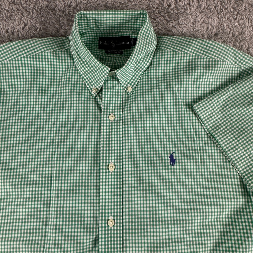 Ralph Lauren Mens Green Gingham Button Down Short Sleeve Shirt Classic Fit L